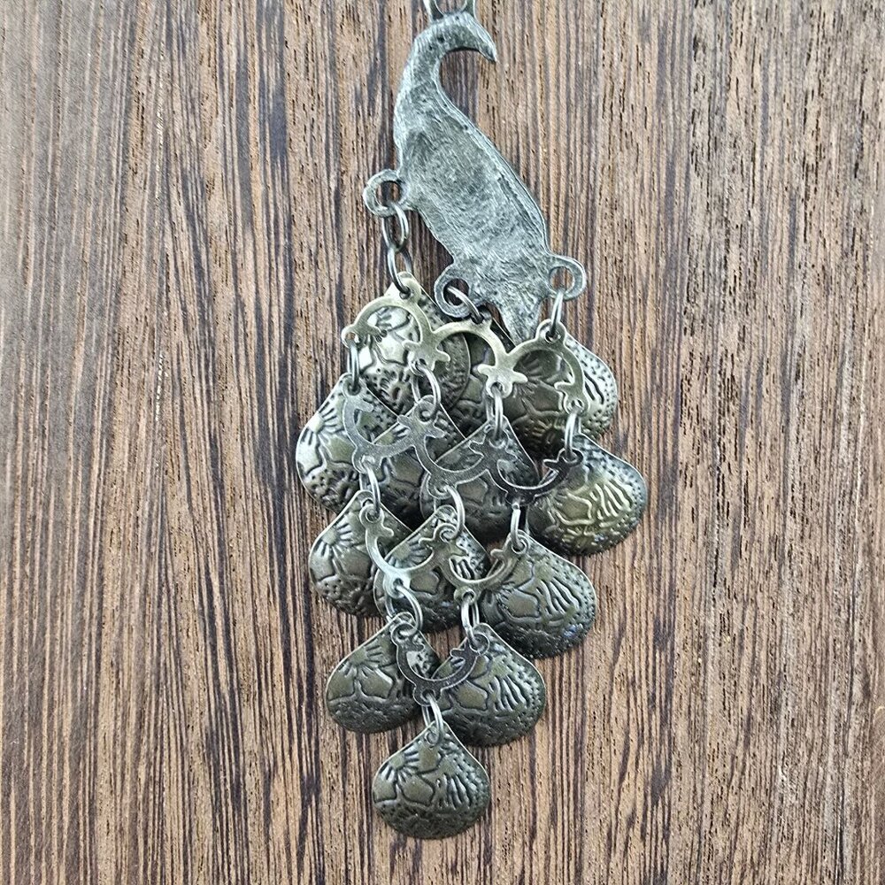 Peacock Pendant Necklace With Bronze Chain & Blue Rhinestones 24" - Picture 6 of 7